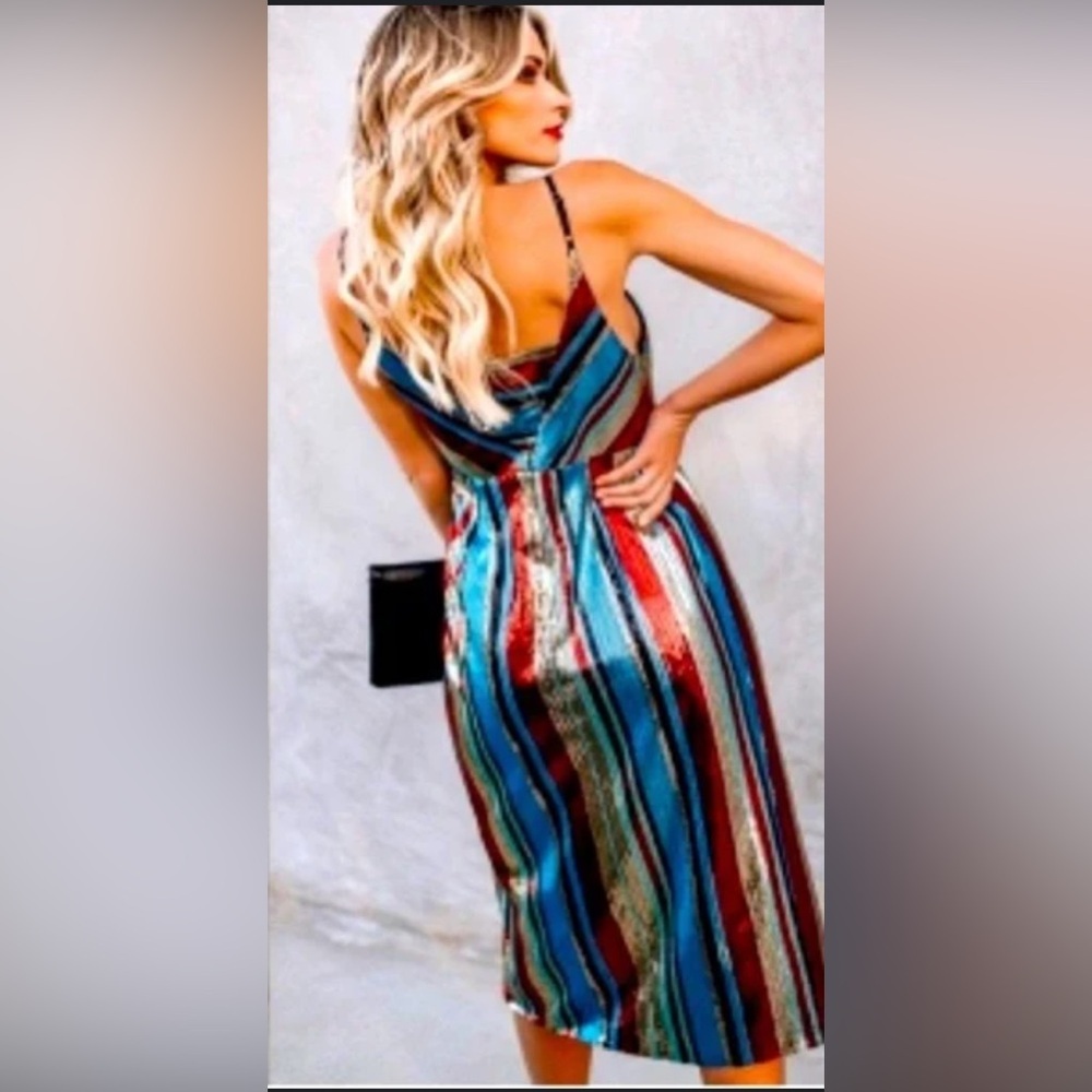 VICI Striped Multicolor Women's Sequin Wrap Midi Sleeveless Dress - Picture 6 of 9